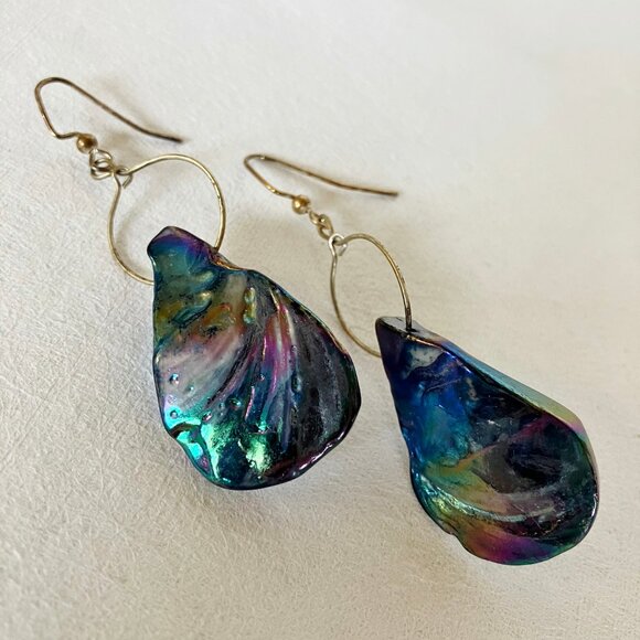 Iridescent Hoop Earrings Blue Green Purple Shell Hand Crafted Dangle Pierced New - Picture 2 of 7